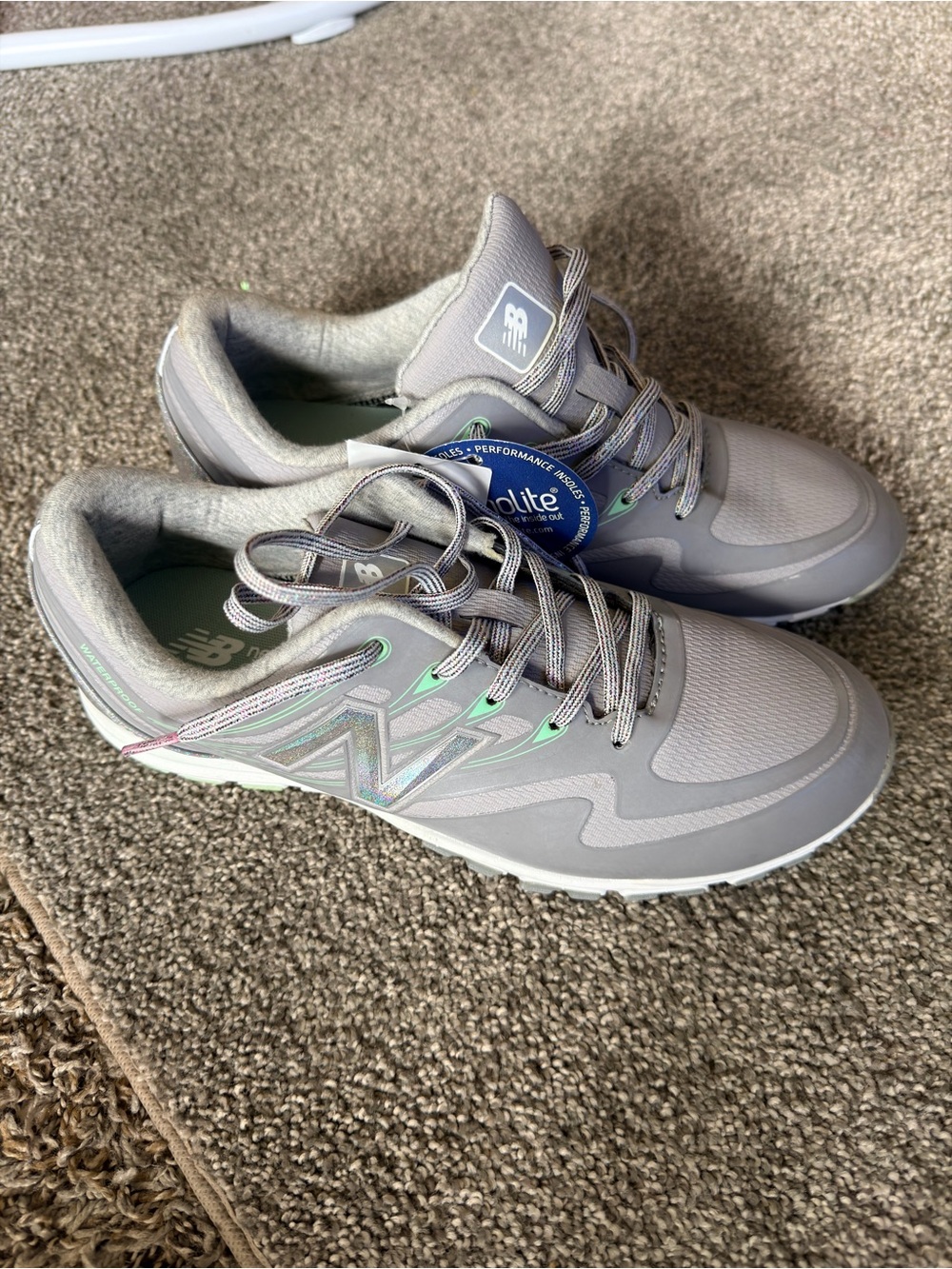 New Balance Gray Sneakers with Mint and Iridescent Details golf